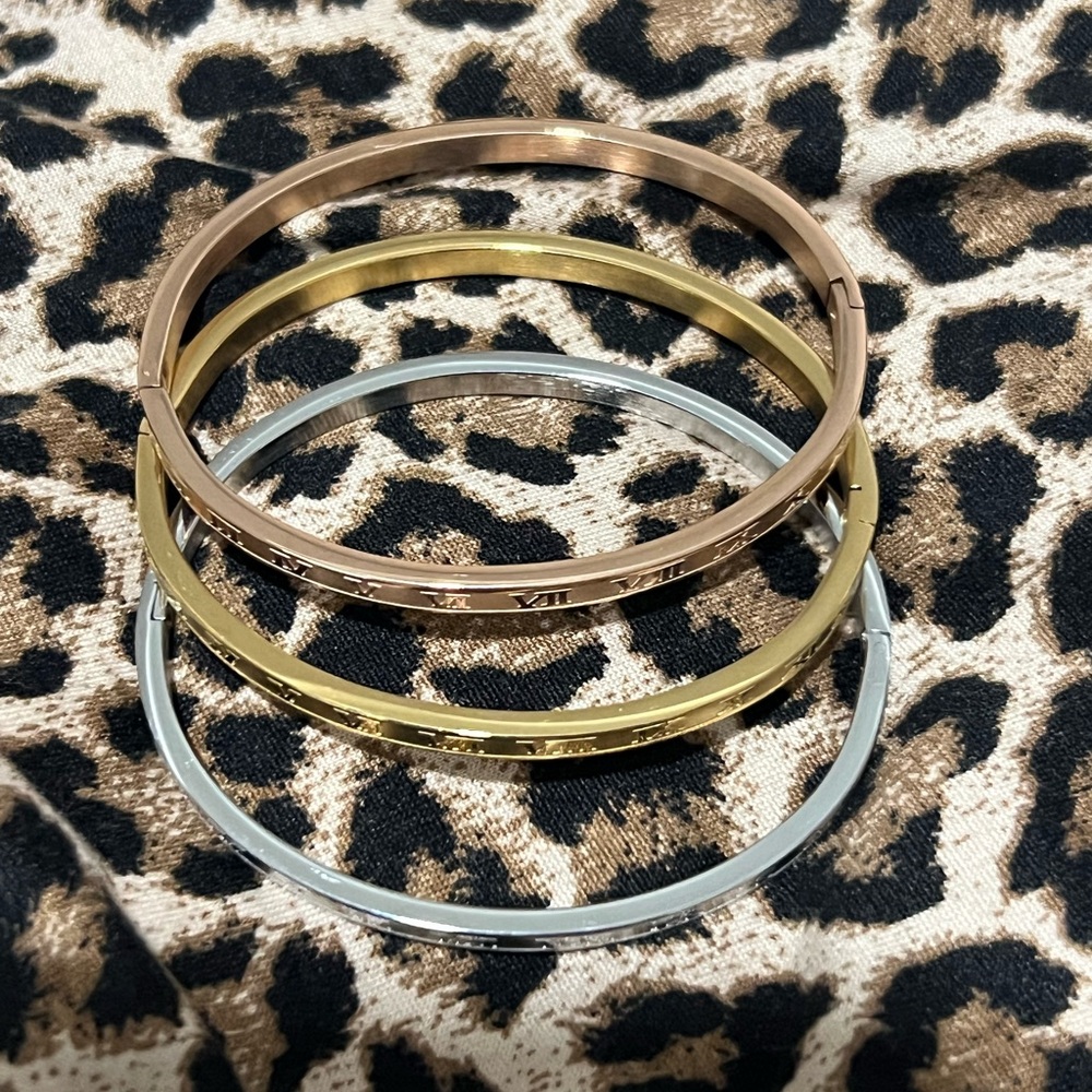 Stackable Metal Bangle Bracelet Set - Rose Gold, Gold, Silver ( Stainless Steel)